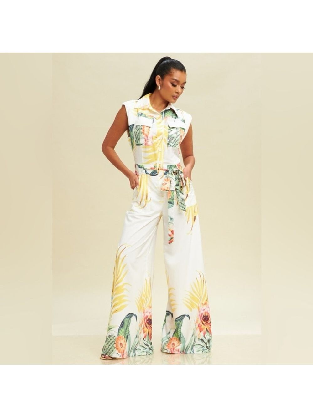 Luxxel white tropical floral sleeveless belted jumpsuit pockets Medium NEW NWT - Picture 11 of 15
